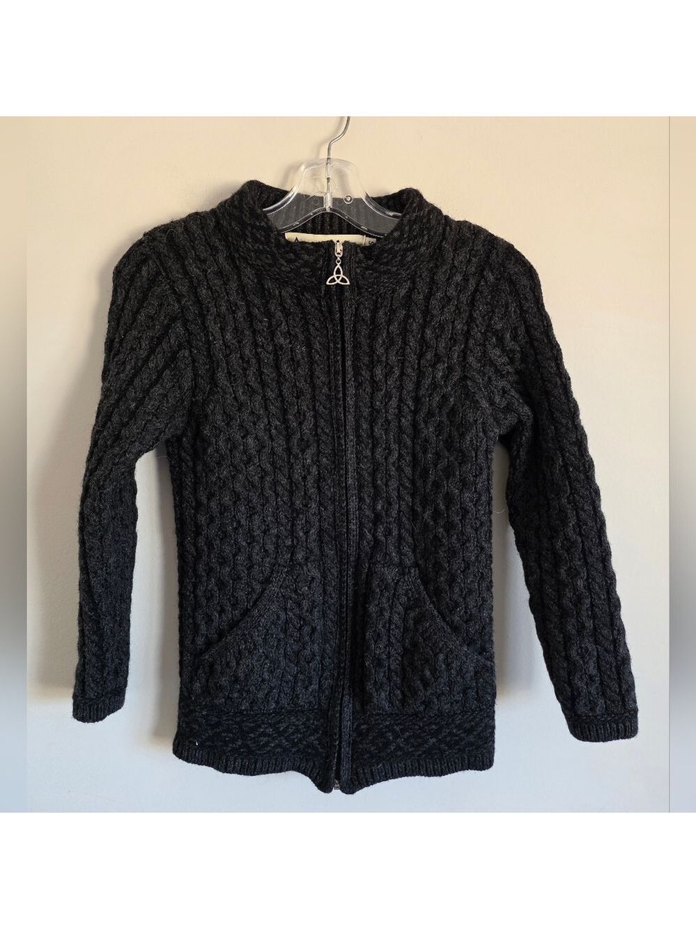 ARAN Crafts | Merino Wool Cable Knit Hooded Zip Sweater gray Irish Sz S